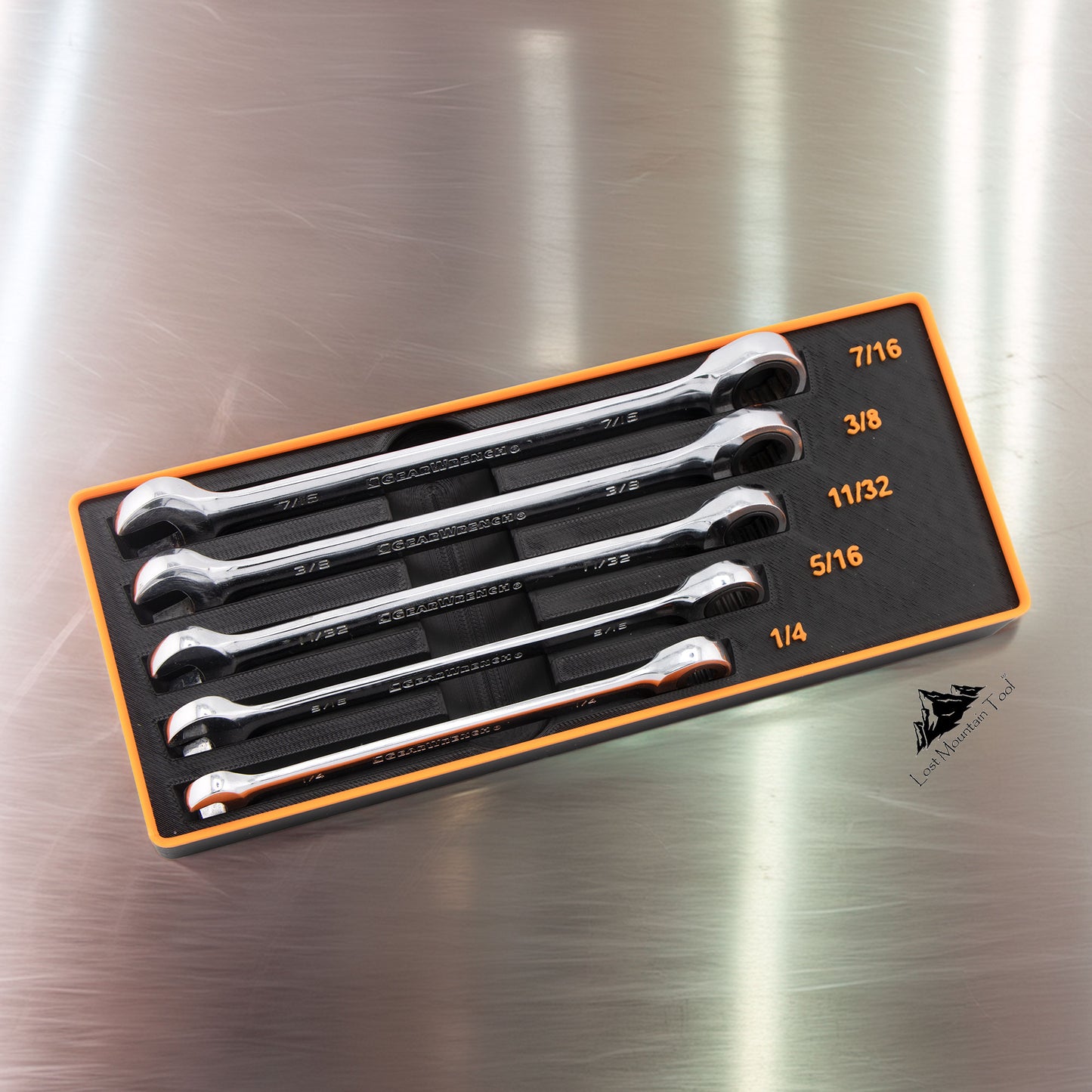 Gridfinity-compatible Bin for GearWrench®  1/4" - 7/16" SAE Ratcheting Combination Wrenches