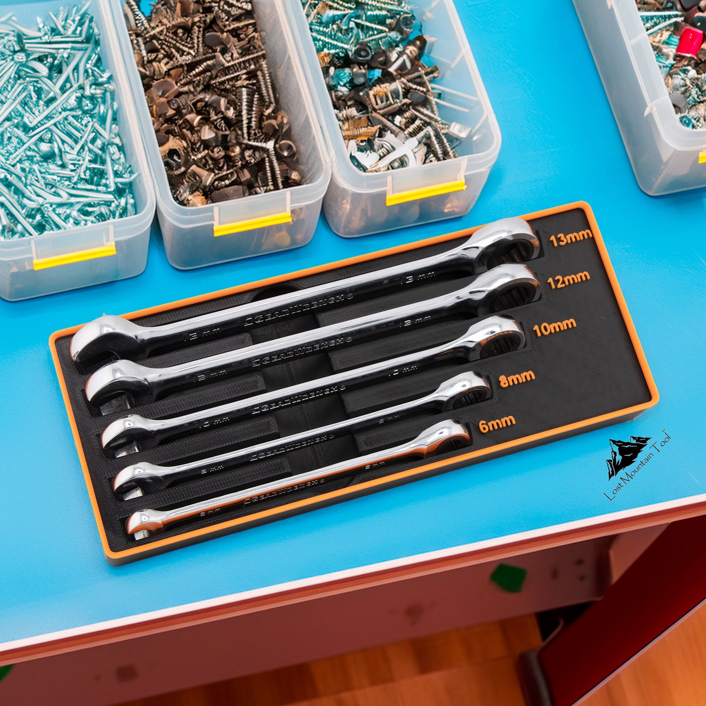 Gridfinity-compatible Bin for GearWrench® 6mm - 13mm Metric Ratcheting Combination Wrenches